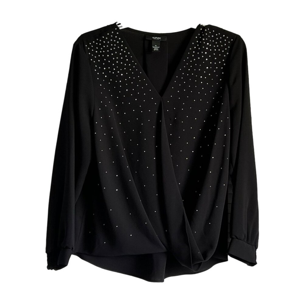 Alfani Womens Petite Large Black Long Sleeve VNeck Embellished Blouse NWT